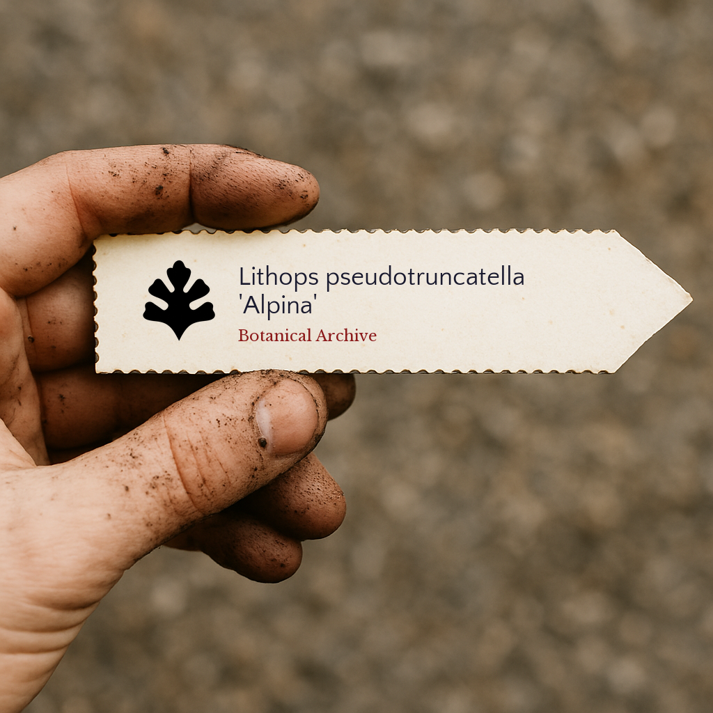 Printed plant label for Lithops pseudotruncatella 'Alpina' held by dirty hand outdoors