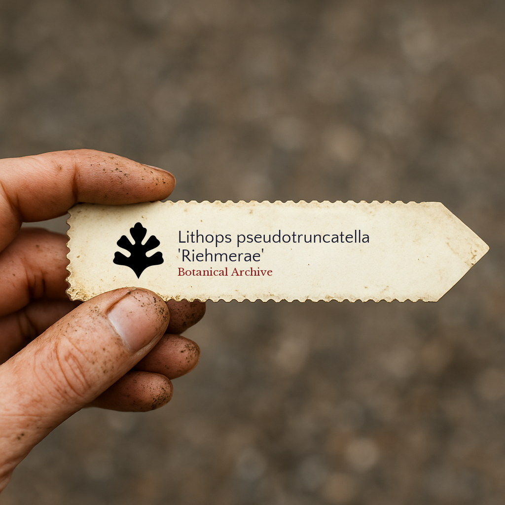 Etichetta per pianta stampata per Lithops pseudotruncatella 'Riehmerae' tenuta da una mano sporca