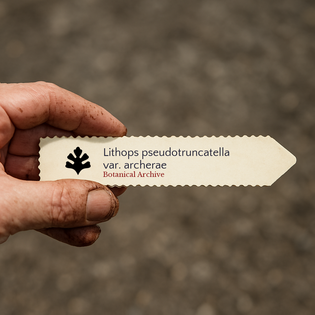 Printed plant label for Lithops pseudotruncatella var. archerae with botanical archive logo