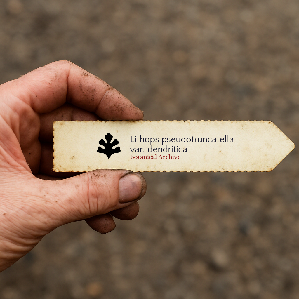 Printed plant label for Lithops pseudotruncatella var. dendritica held in hand outdoors