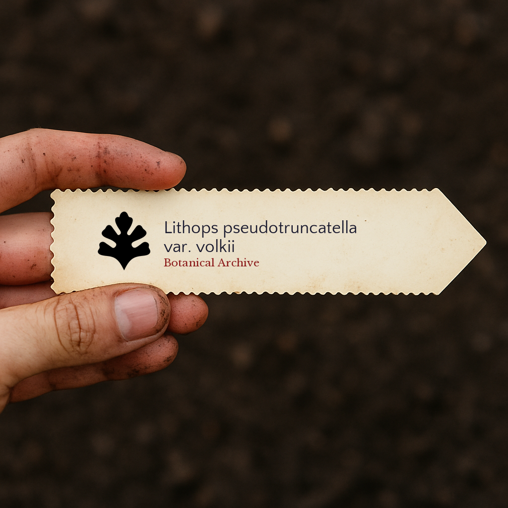 Printed plant label for Lithops pseudotruncatella var. volkii held over soil background