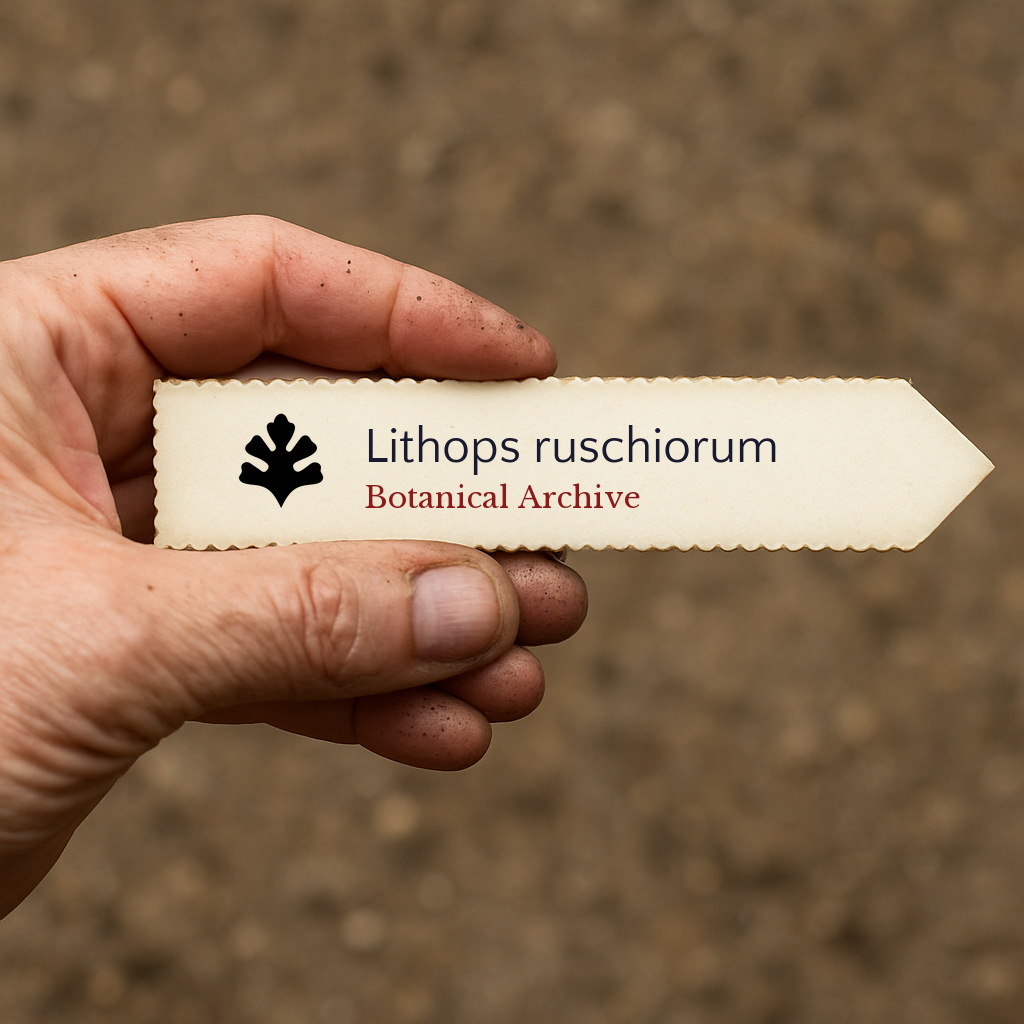 Printed plant label for Lithops ruschiorum held in hand over soil background