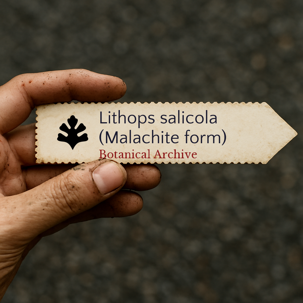 Etichetta per pianta stampata per Lithops salicola (forma Malachite) tenuta in mano con sfondo di terra