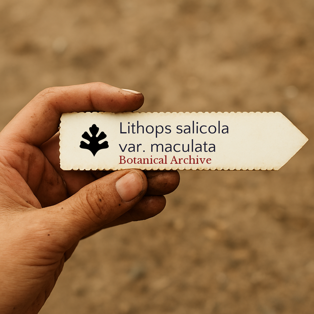 Etichetta stampata per pianta di Lithops salicola var. maculata tenuta a mano su sfondo di terreno