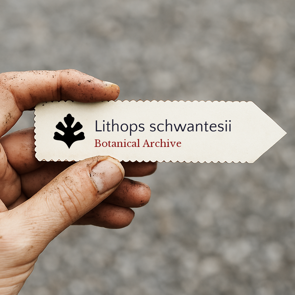 Printed plant label for Lithops schwantesii with botanical archive logo held by dirty hand