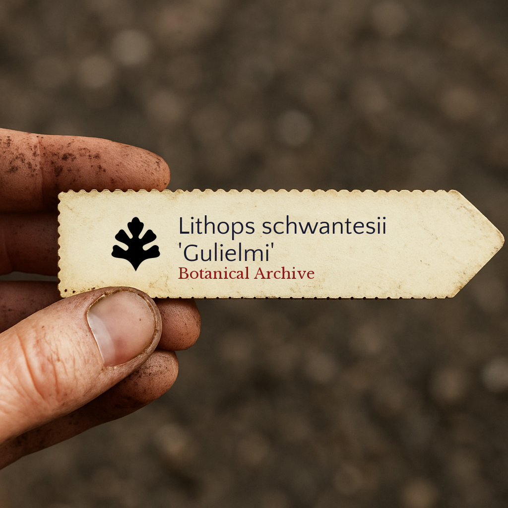 Printed plant label for Lithops schwantesii 'Gulielmi' held by dirty hand outdoors