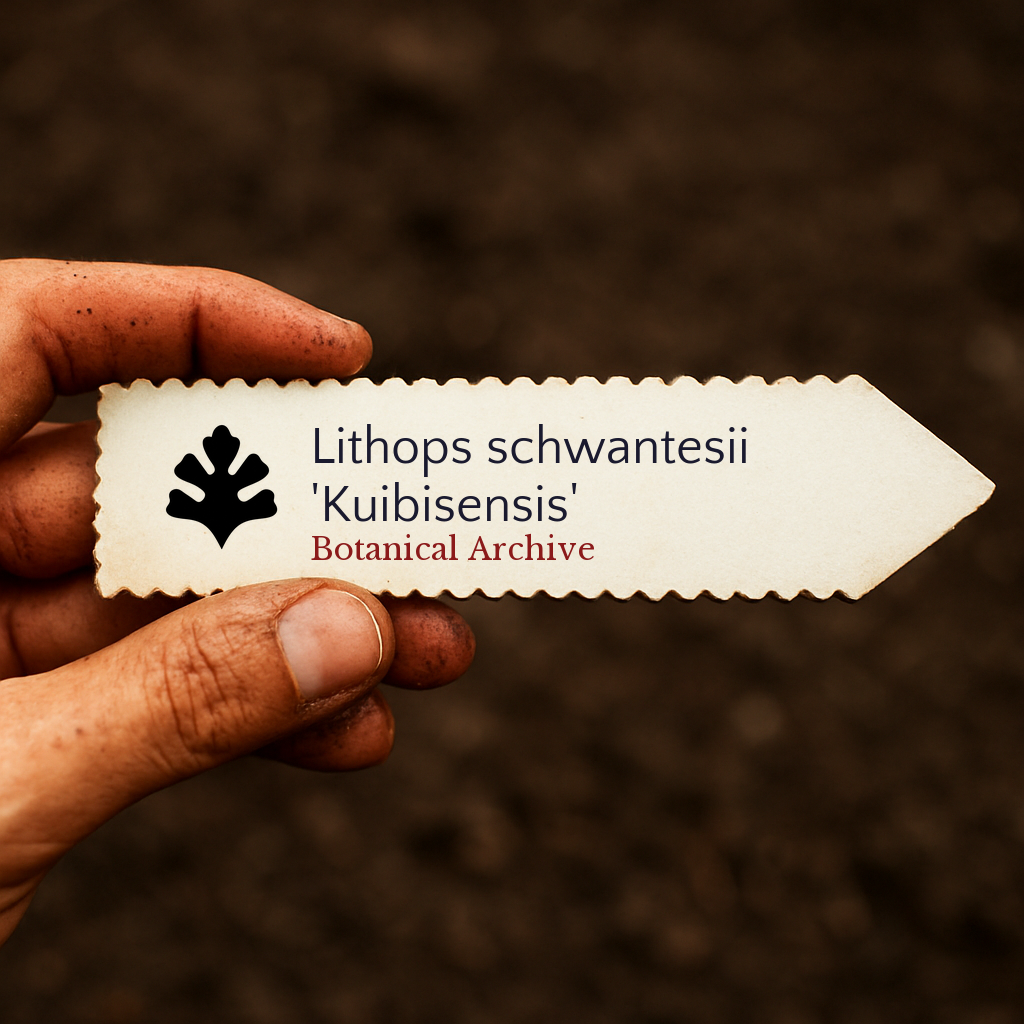 Printed plant label for Lithops schwantesii 'Kuibisensis' held over soil background