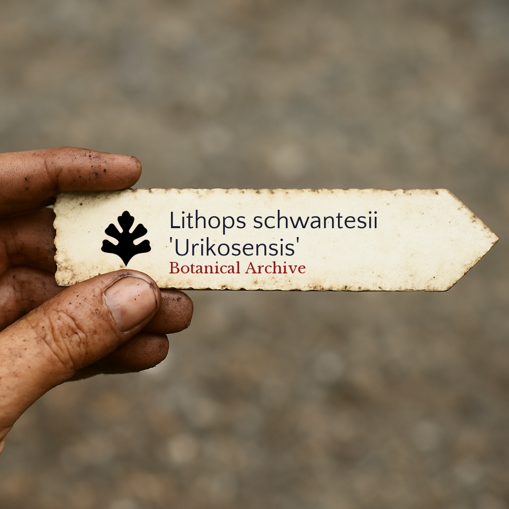 Printed plant label for Lithops schwantesii 'Urikosensis' held by dirty hand outdoors
