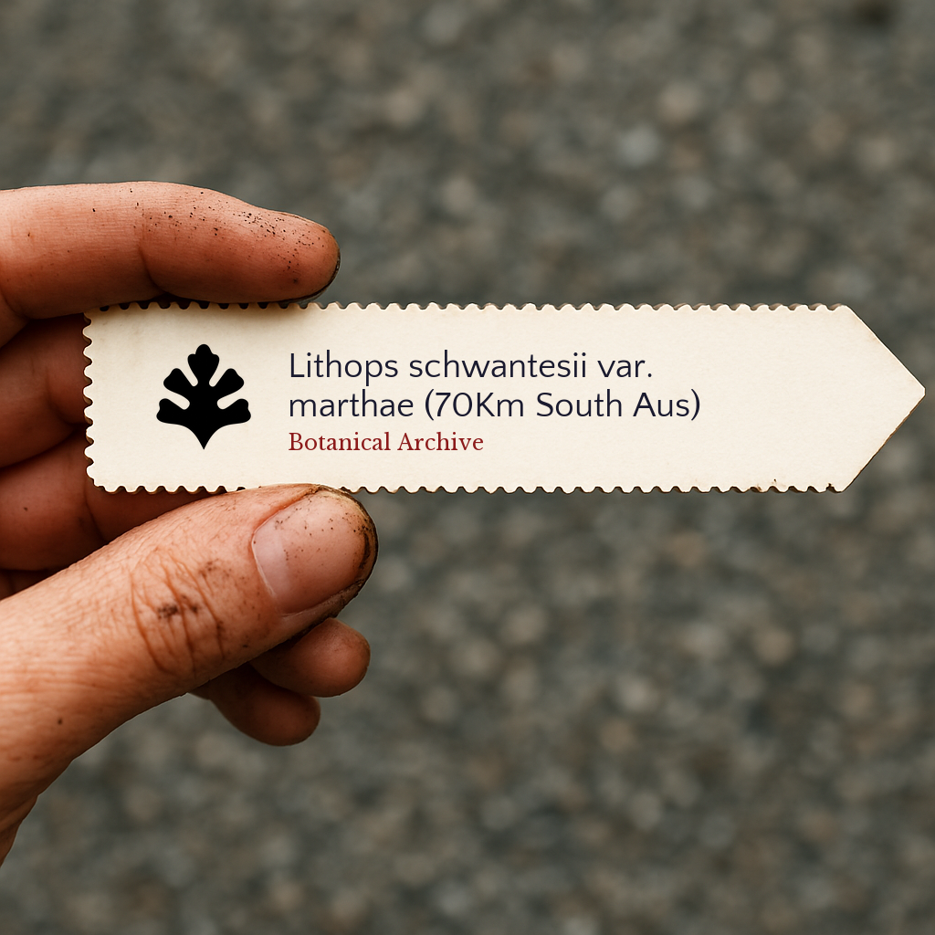 Printed plant label for Lithops schwantesii var. marthae held by dirty hand outdoors