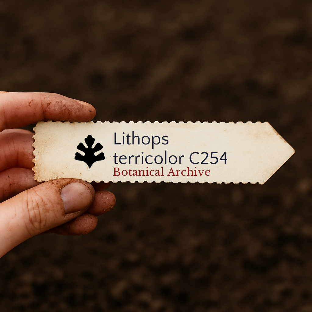 Printed plant label for Lithops terricolor C254 held over soil background