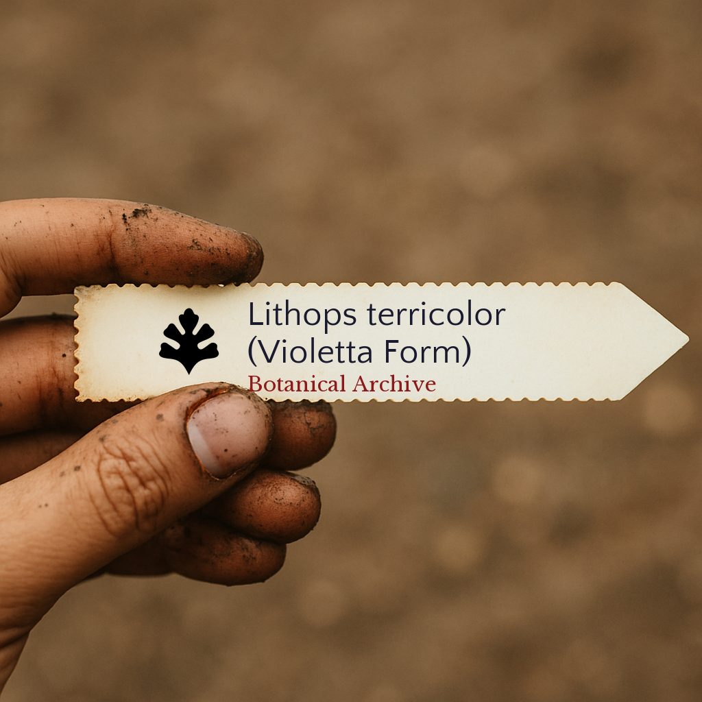 Etichetta stampata per pianta di Lithops terricolor (Forma Violetta) tenuta da mano sporca all'aperto