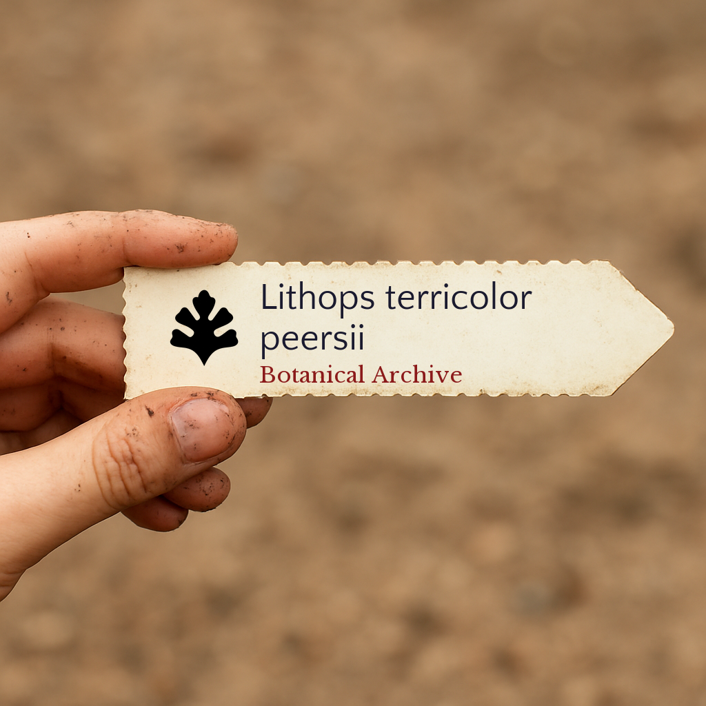 Printed plant label for Lithops terricolor peersii held by dirty hand outdoors