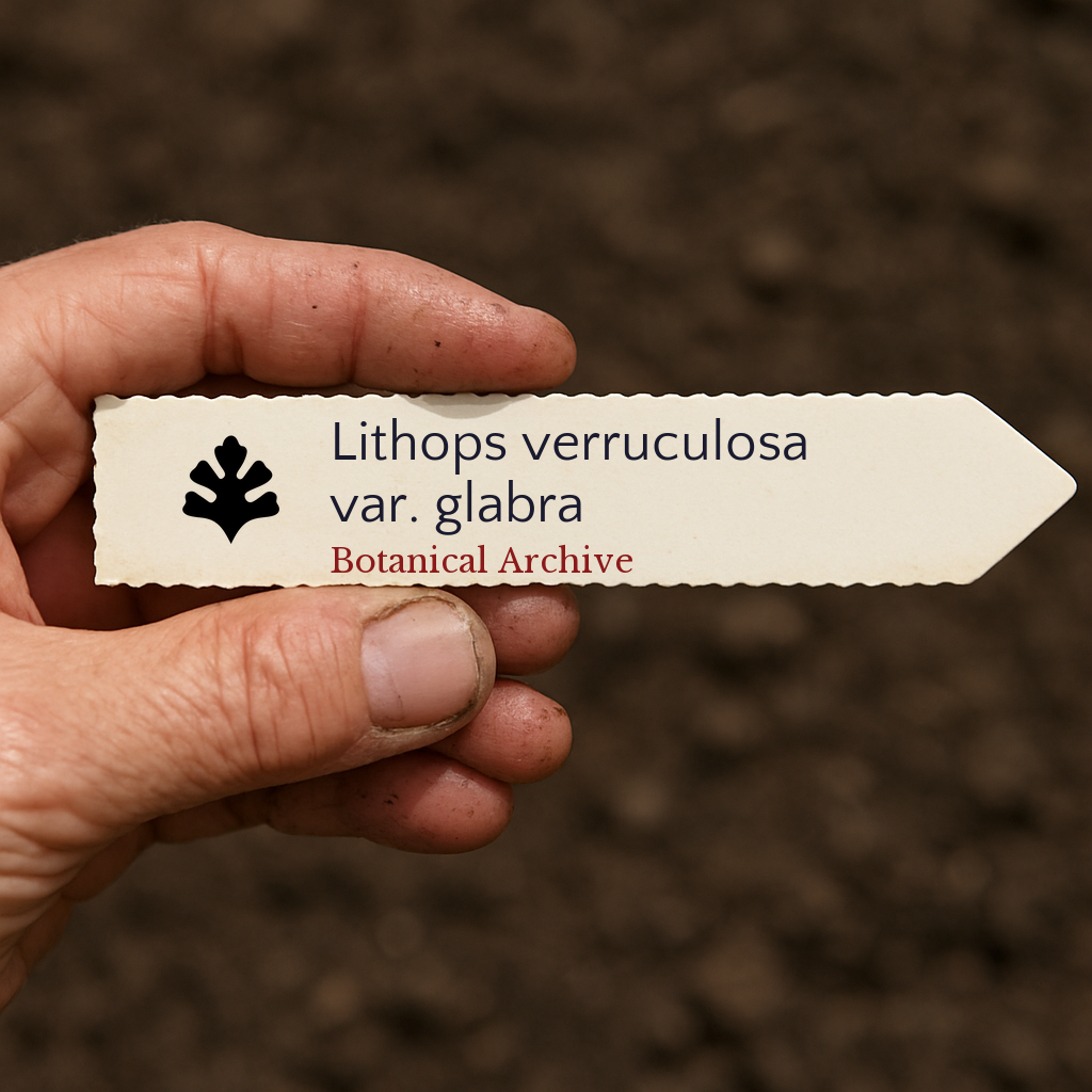 Etichetta stampata per pianta Lithops verruculosa var. glabra su sfondo di terreno