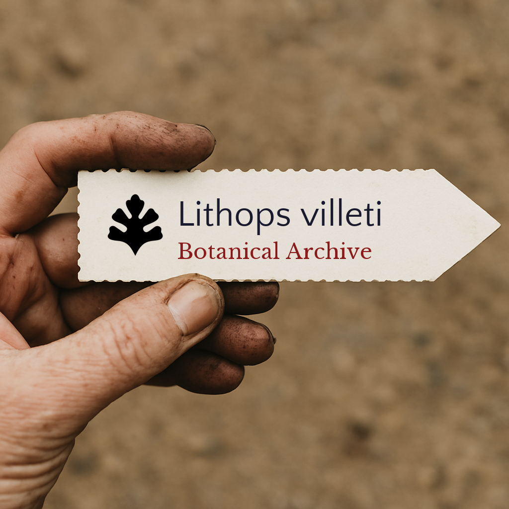Printed plant label for Lithops villeti with botanical archive logo held by dirty hand
