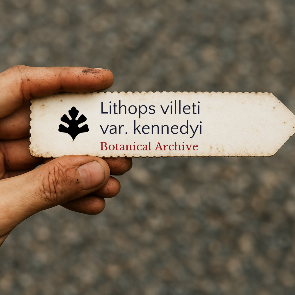 Printed plant label for Lithops villeti var. kennedyi held by hand with dirt on fingers