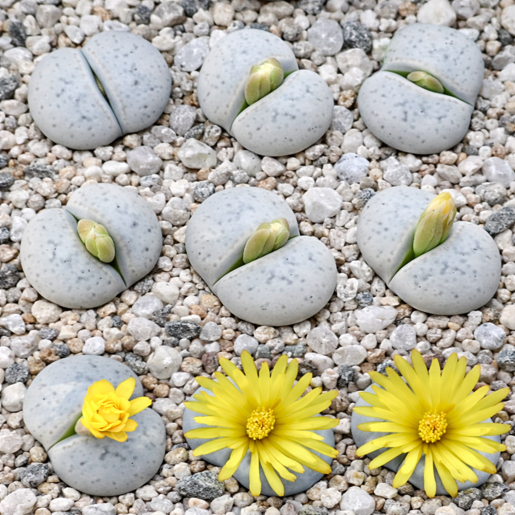 Lithops pseudotruncatella var. volkii succulent with gray pebble-like leaves and yellow flowers