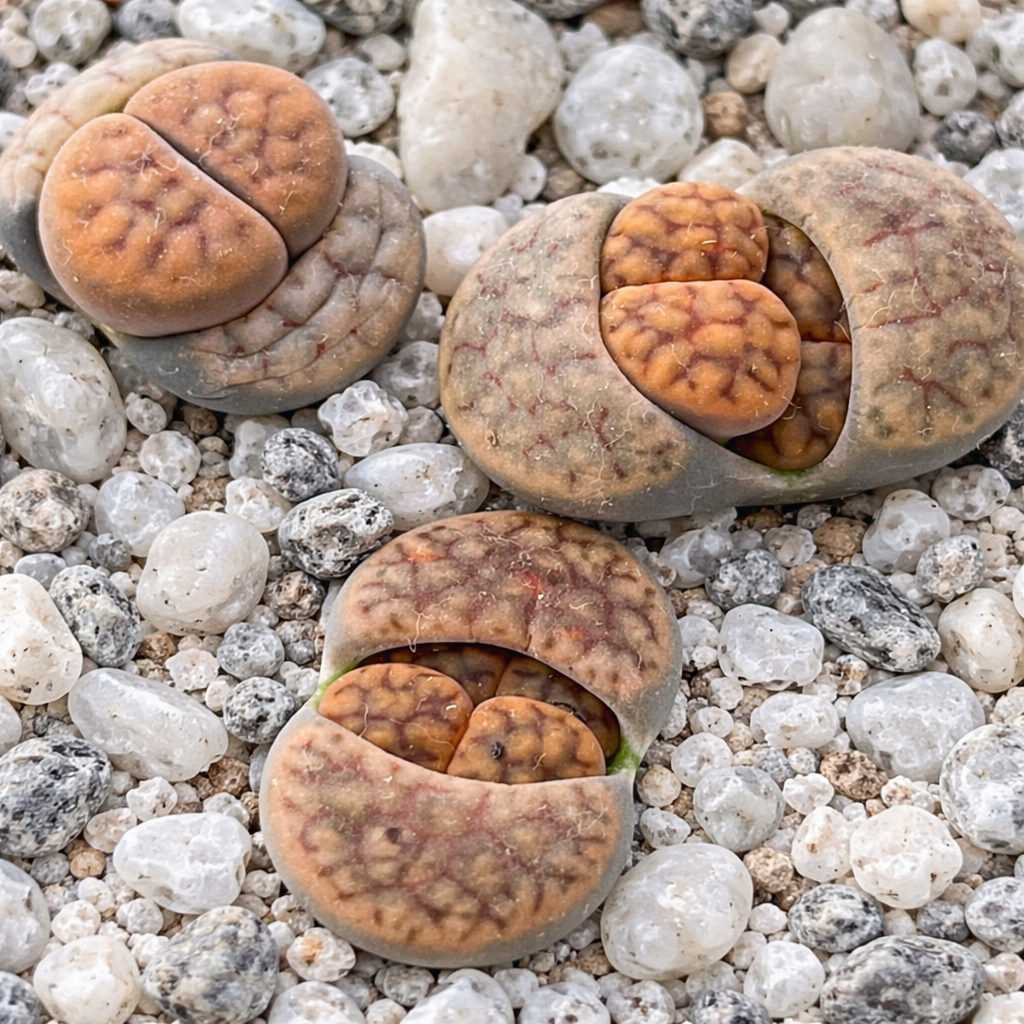 Succulenta Lithops schwantesii con foglie divise simili a ciottoli e motivi arancione-marroni su ghiaia