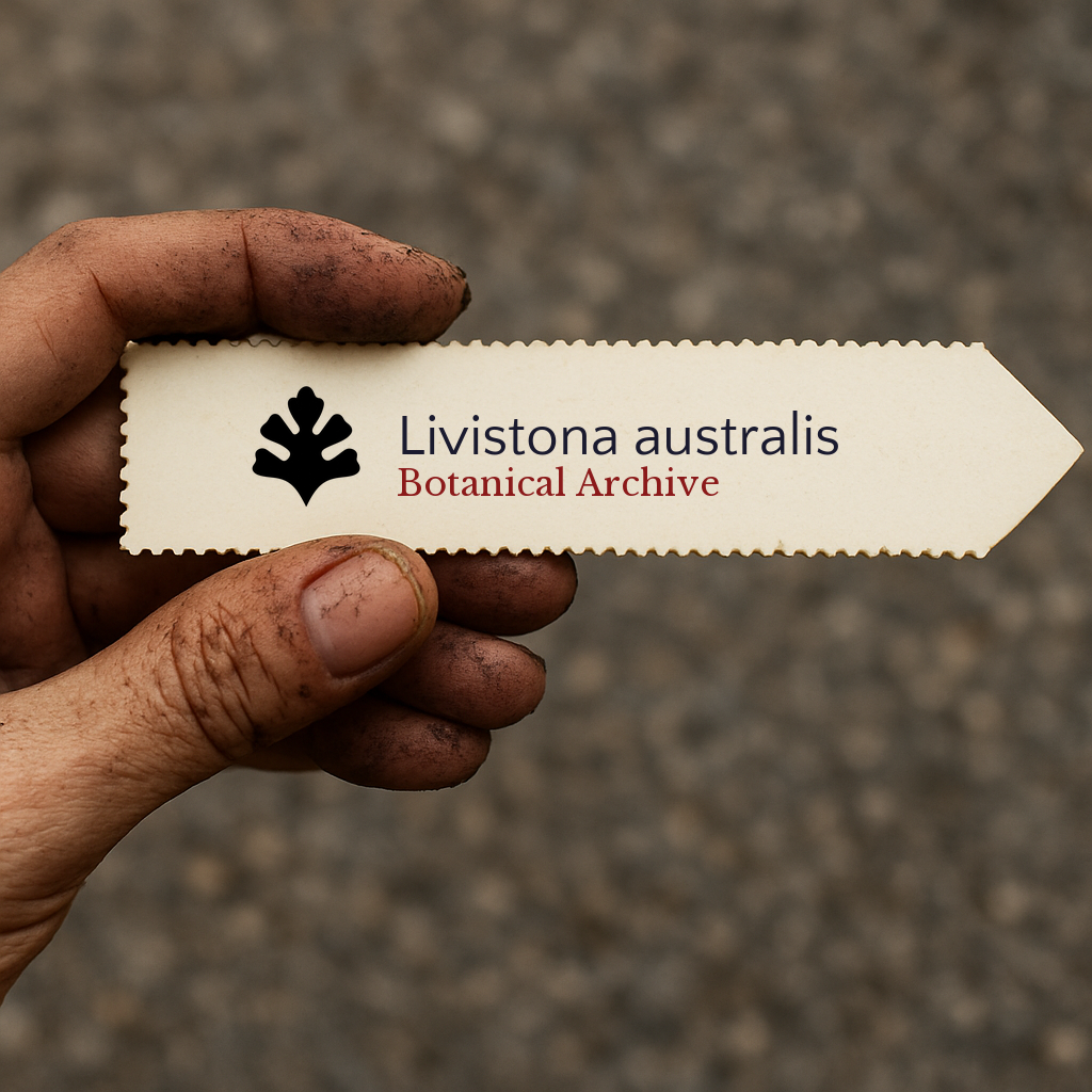 Printed plant label for Livistona australis held by dirty hand outdoors