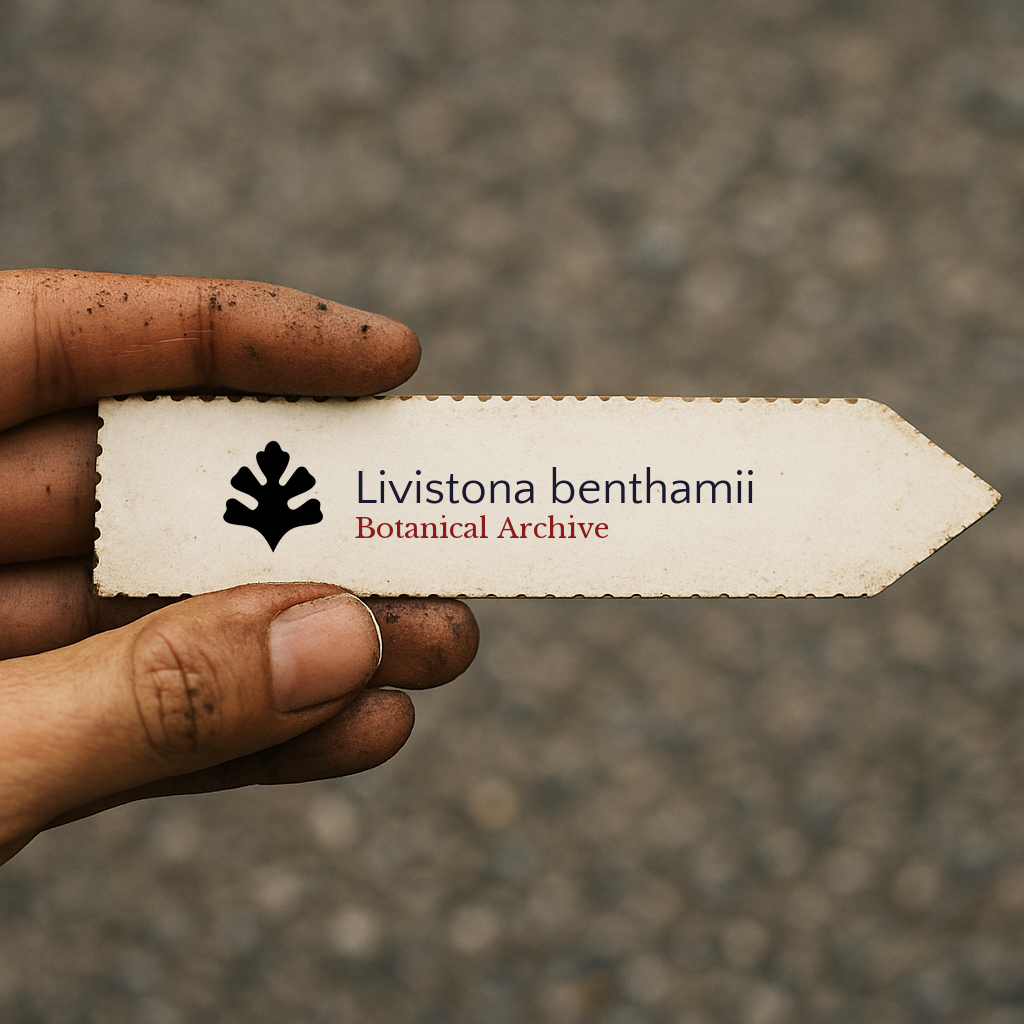 Printed plant label for Livistona benthamii held by hand with soil on fingers