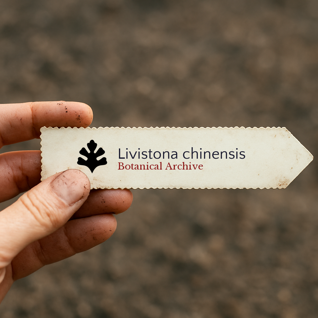 Etichetta stampata per pianta di Livistona chinensis con logo Botanical Archive tenuta a mano