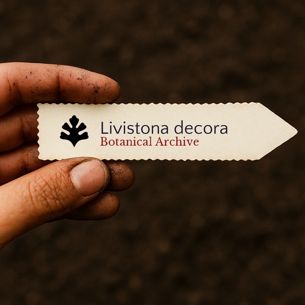 Etichetta stampata per pianta di Livistona decora tenuta a mano con sfondo di terreno