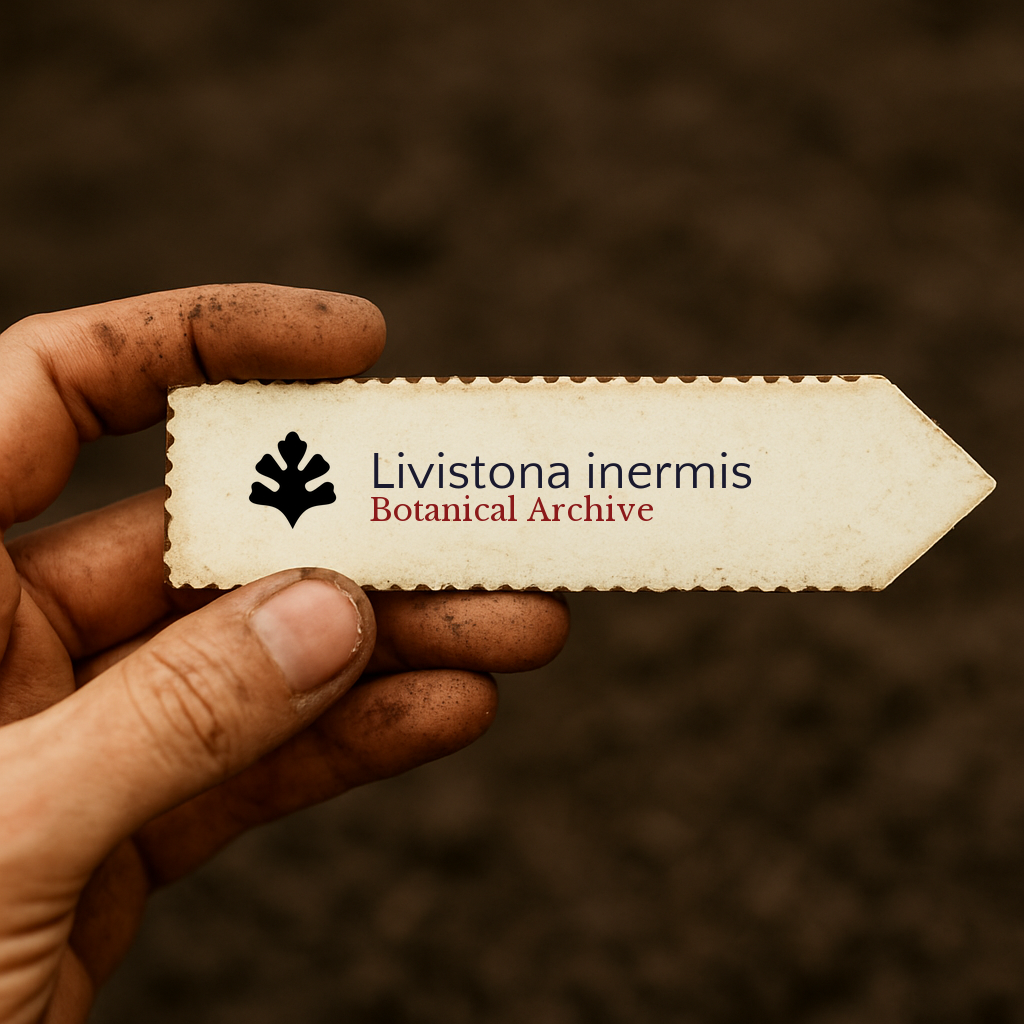 Printed plant label for Livistona inermis held by dirty hand over soil background
