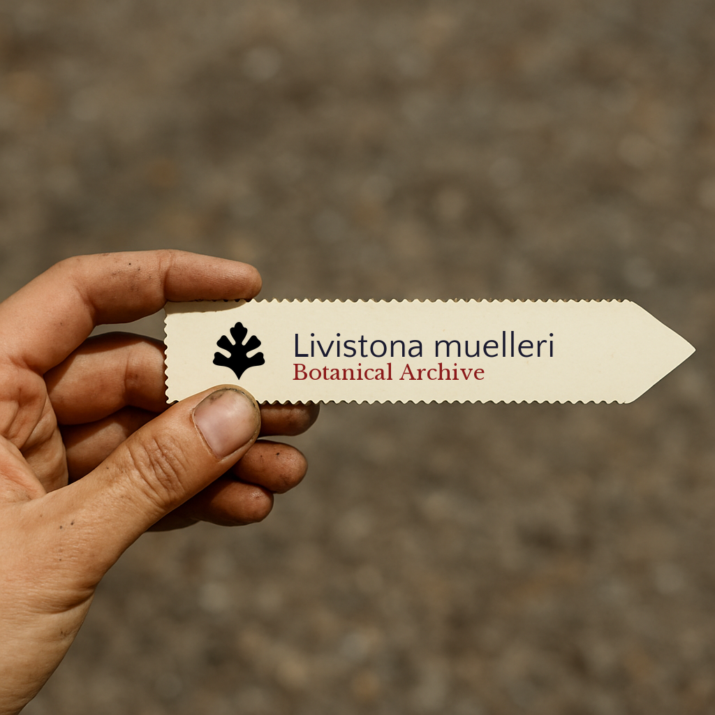 Printed plant label for Livistona muelleri with botanical archive logo held by hand