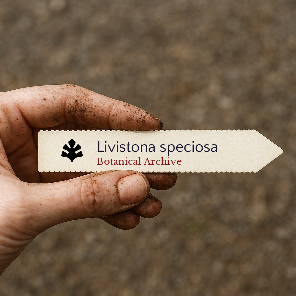 Printed plant label for Livistona speciosa held by dirty hand with blurred background