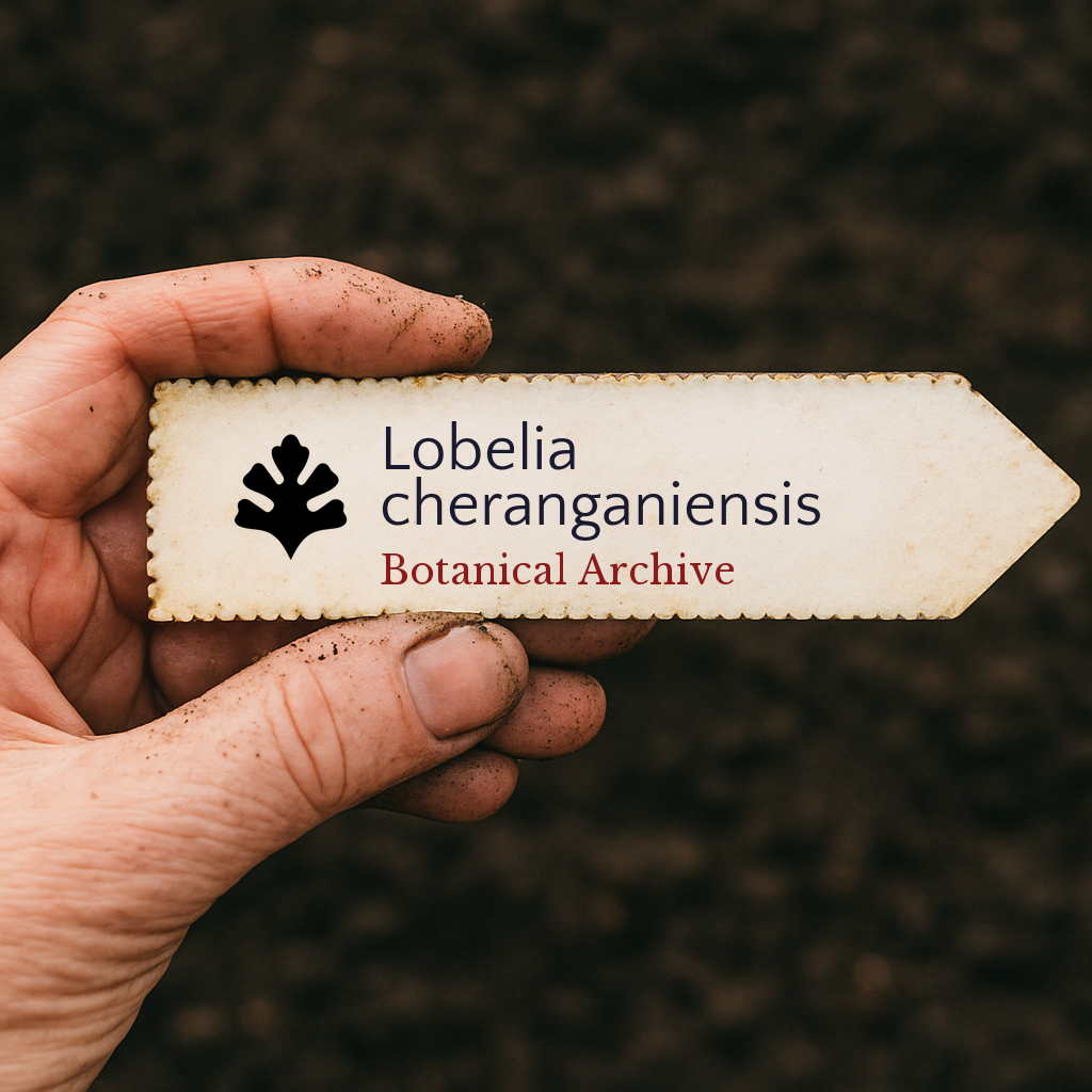 Etichetta stampata per pianta di Lobelia cheranganiensis su sfondo di terra