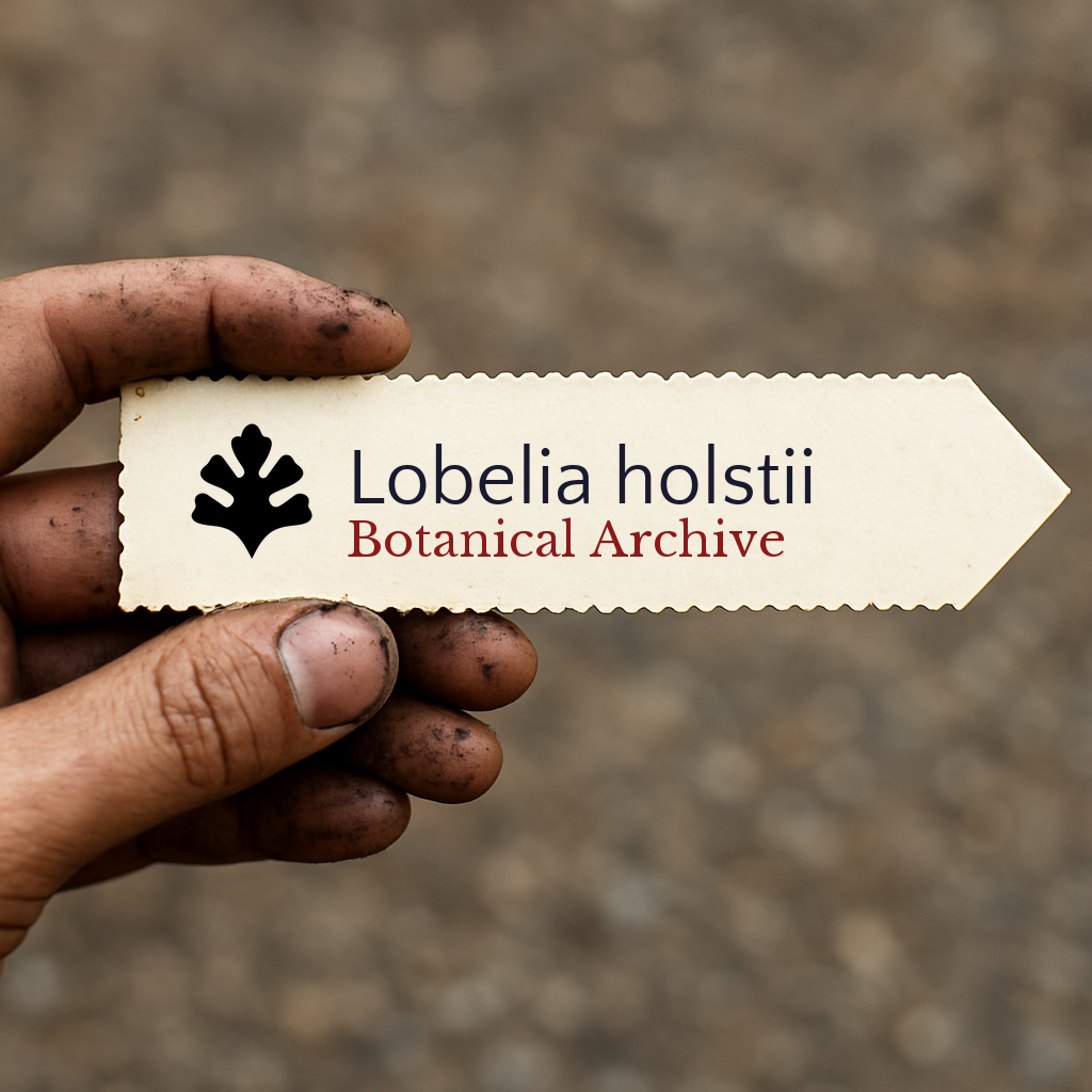 Printed plant label for Lobelia holstii with botanical archive logo held by dirty hand