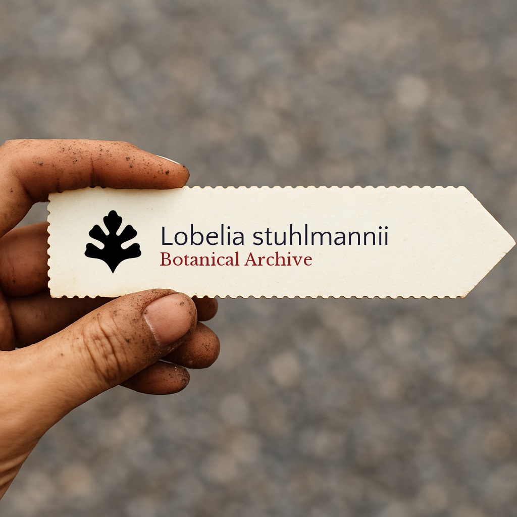Etichetta per pianta stampata per Lobelia stuhlmannii tenuta a mano con dita sporche di terra