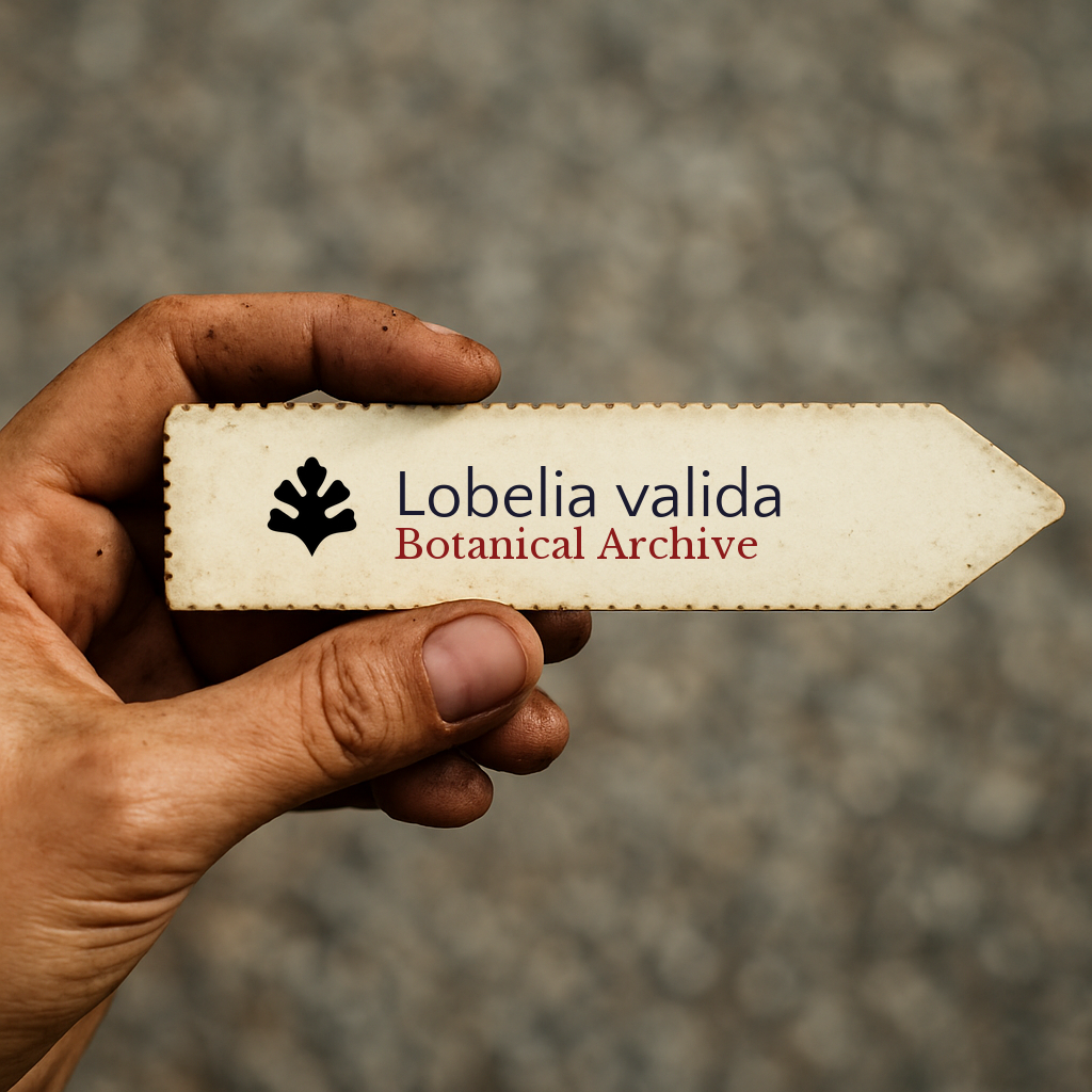 Etichetta stampata per pianta di Lobelia valida tenuta in mano con sfondo sfocato