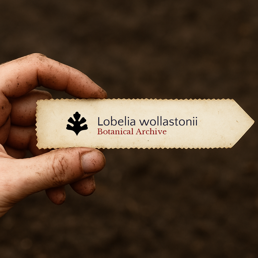 Etichetta per piante vintage portatile per Lobelia wollastonii con il logo Botanical Archive