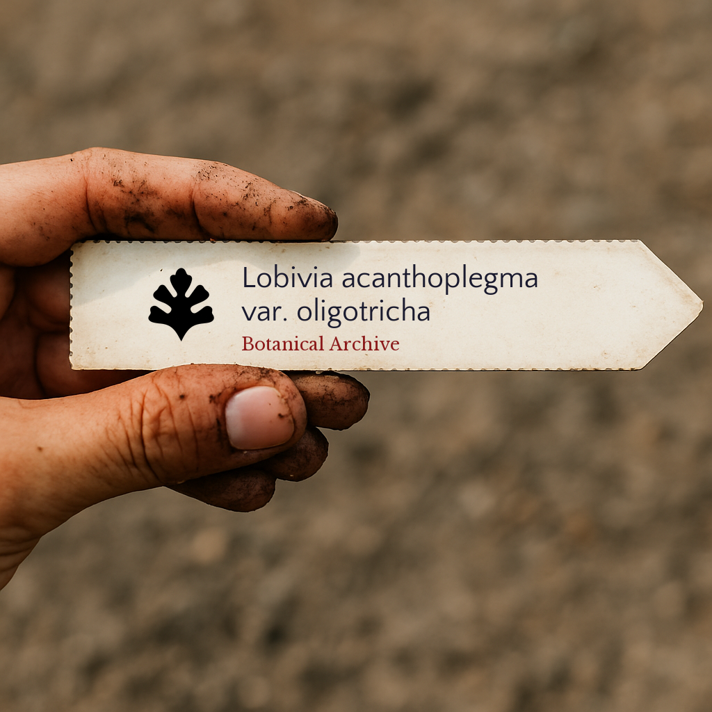 Printed plant label for Lobivia acanthoplegma var. oligotricha held by dirty hand outdoors