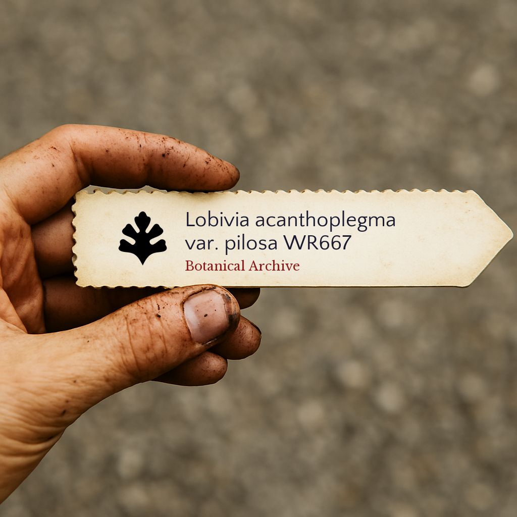 Printed plant label for Lobivia acanthoplegma var. pilosa WR667 held by dirty hand