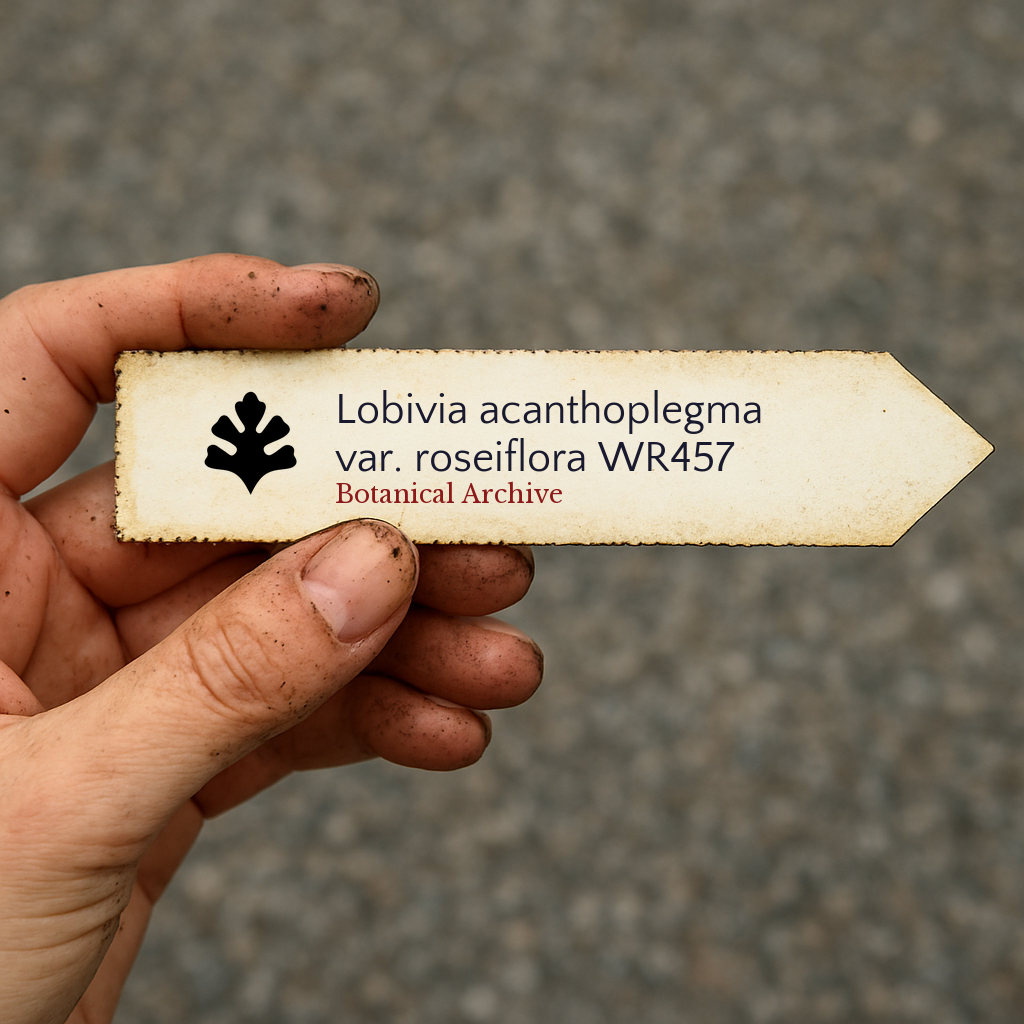 Printed plant label for Lobivia acanthoplegma var. roseiflora WR457 held by hand with dirt