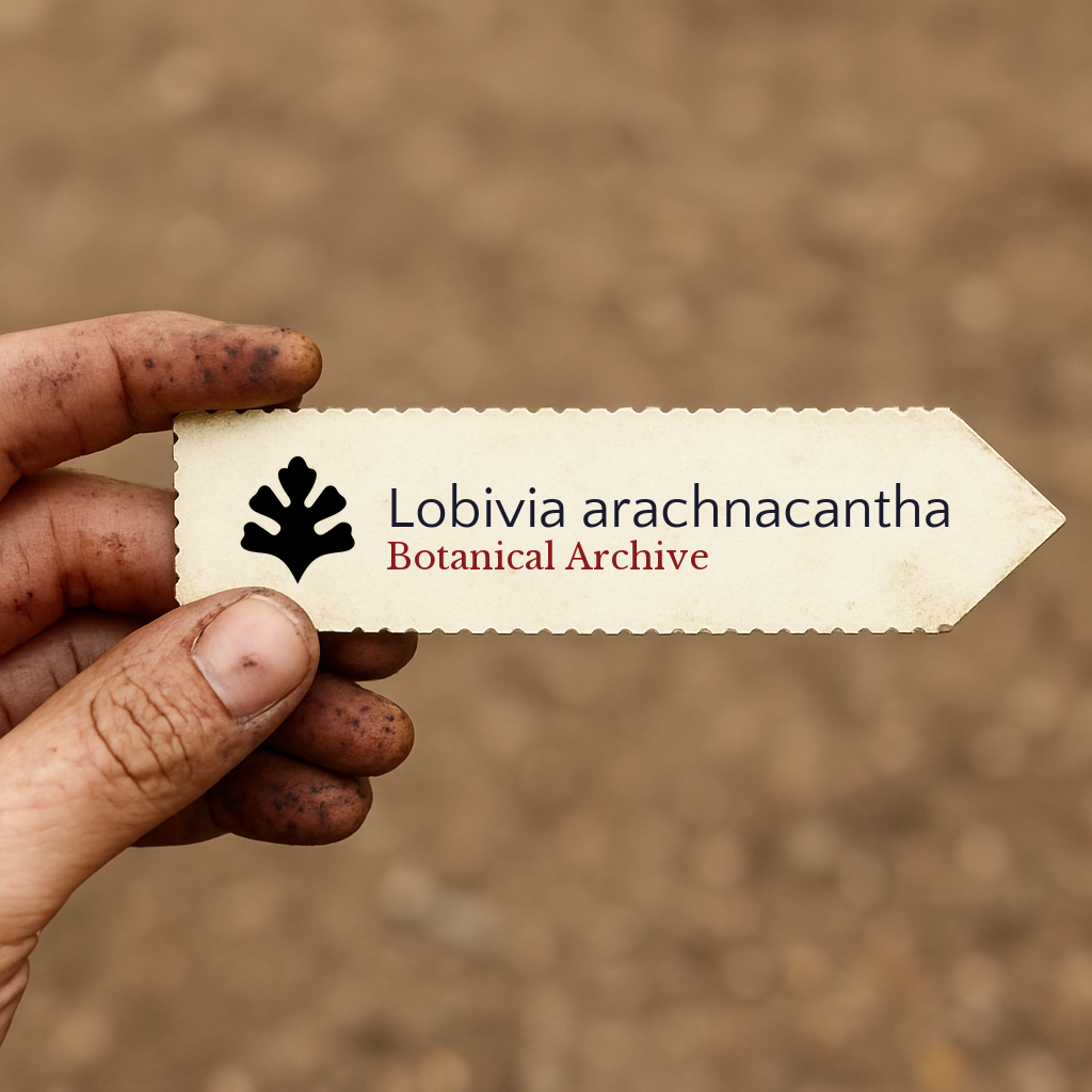 Printed plant label for Lobivia arachnacantha held by dirty hand against soil background