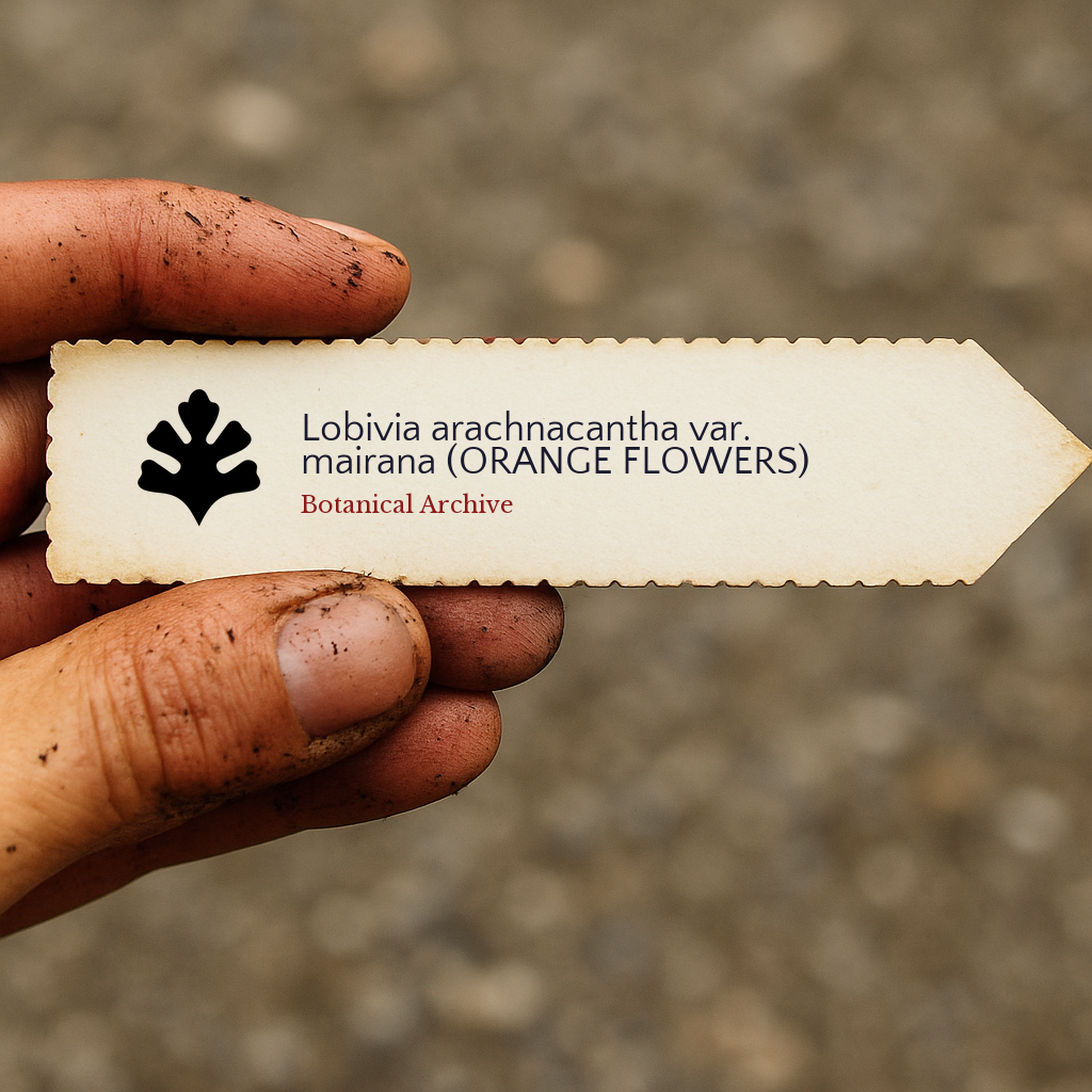 Printed plant label for Lobivia arachnacantha var. mairana held by gardener with soil-stained fingers
