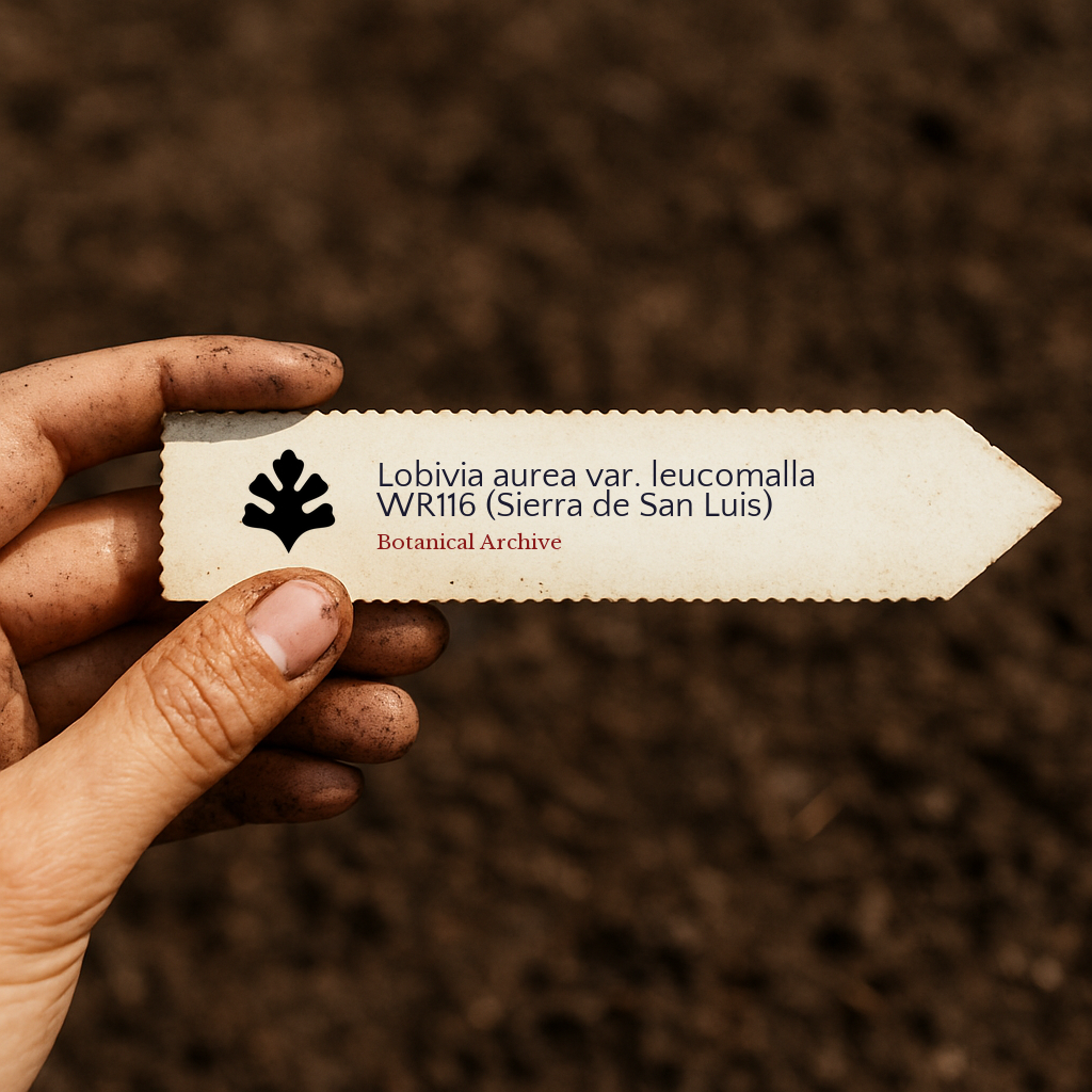 Printed plant label for Lobivia aurea var. leucomalla held over soil background
