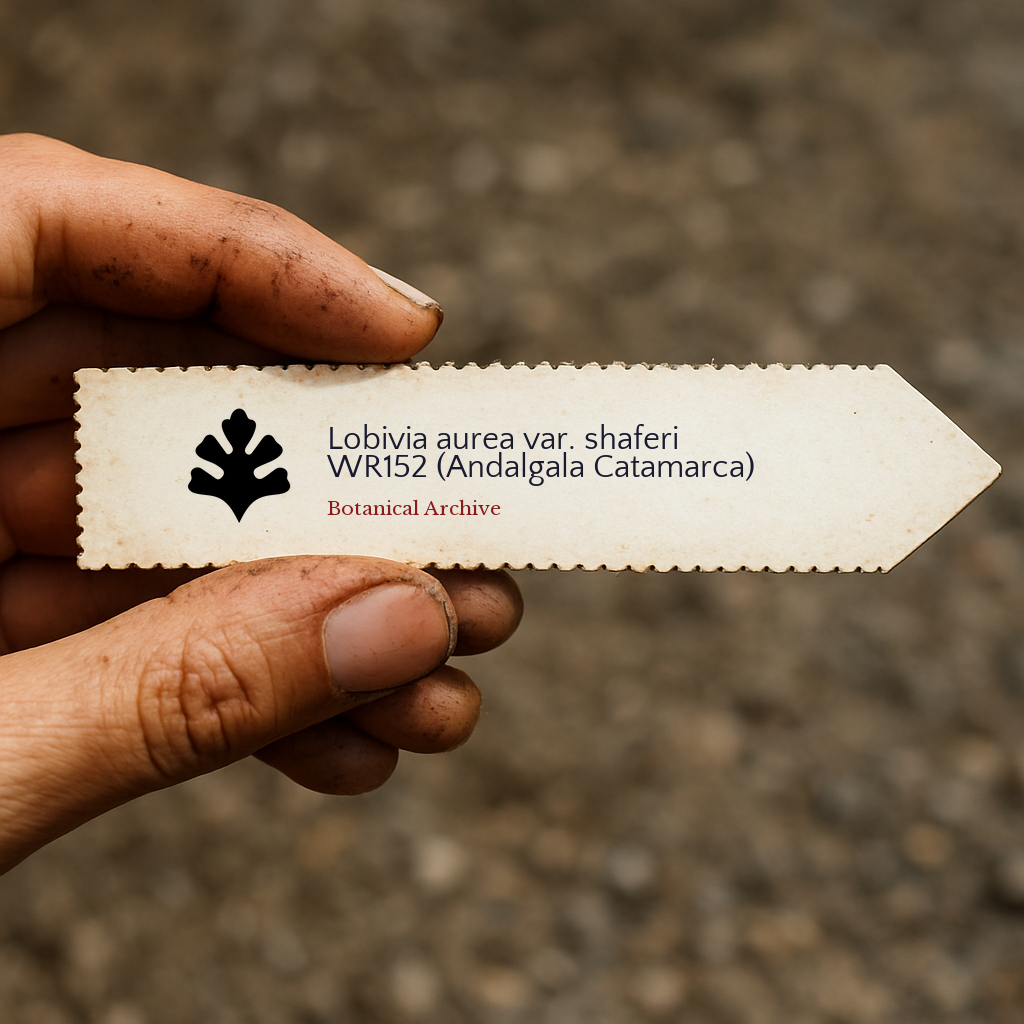 Printed plant label for Lobivia aurea var. shaferi WR152 held by hand with soil background