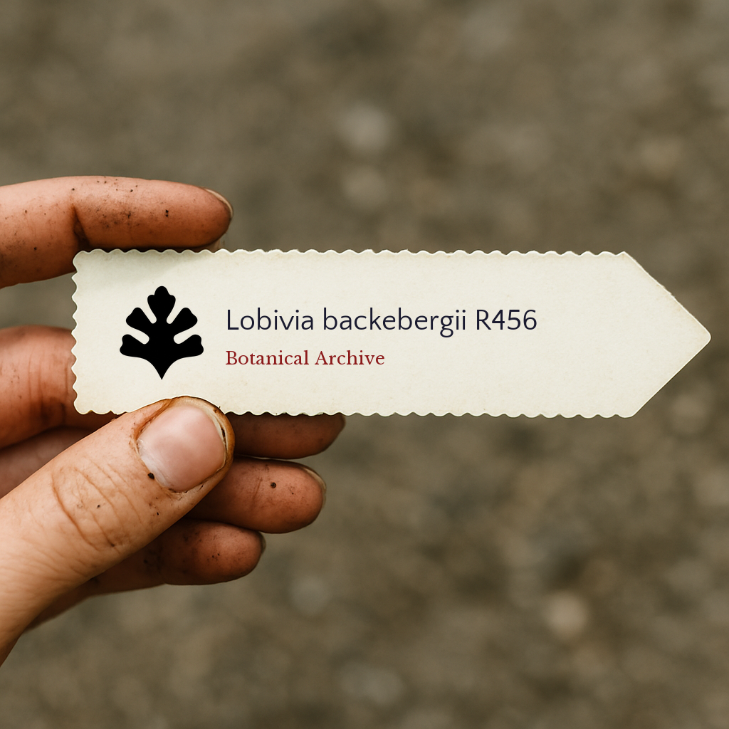 Printed plant label for Lobivia backebergii R456 held by dirty hand outdoors
