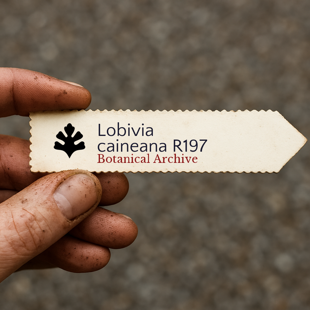 Printed plant label for Lobivia caineana R197 held by hand with dirt background