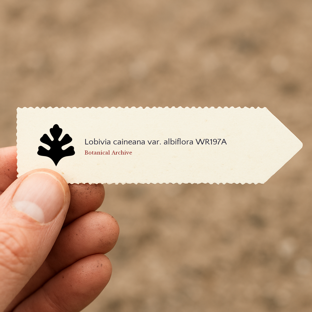 Printed plant label for Lobivia caineana var. albiflora held by hand with soil background