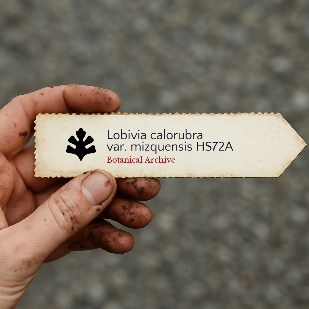 Printed plant label for Lobivia calorubra var. mizquensis HS72A held in dirty hand outdoors