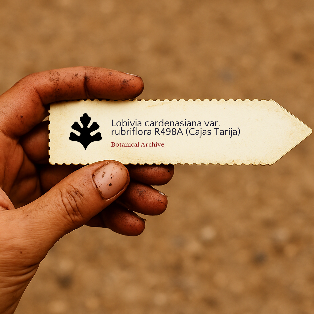 Printed plant label for Lobivia cardenasiana var. rubriflora held by a dirt-stained hand