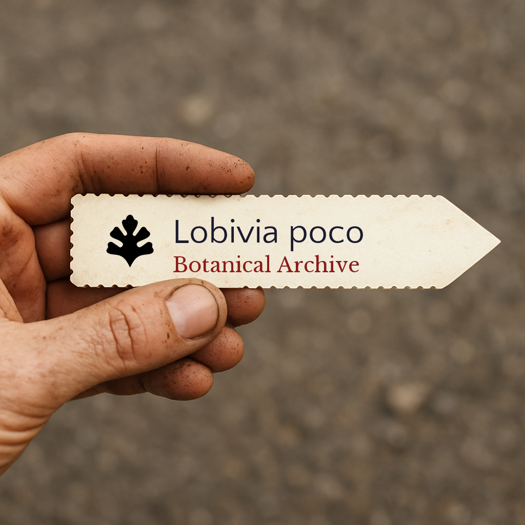 Etichetta stampata per pianta di Lobivia poco tenuta da una mano sporca contro sfondo sfocato