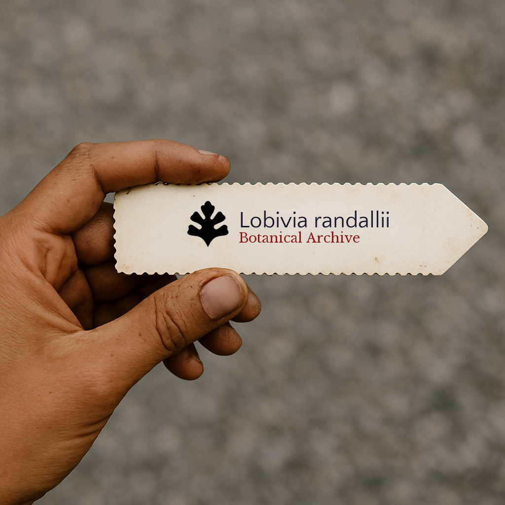 Printed plant label for Lobivia randallii held by hand with blurred background
