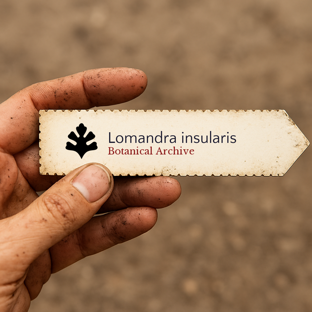 Printed plant label for Lomandra insularis held by a dirty hand outdoors
