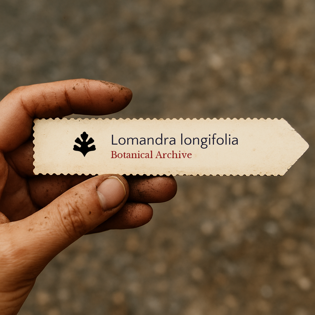 Printed plant label for Lomandra longifolia held by dirty hand outdoors