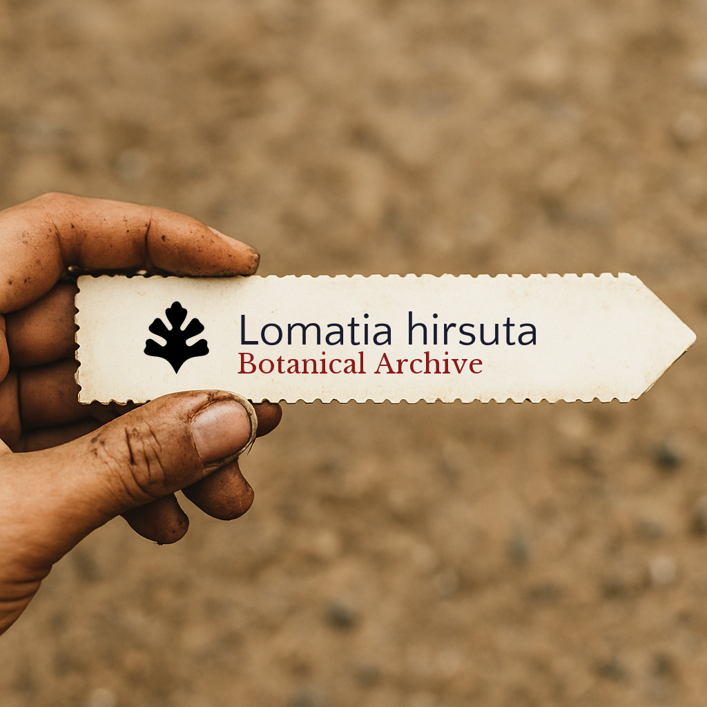Printed plant label for Lomatia hirsuta held by hand with dirt background
